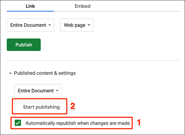 Haga clic en "Comenzar a publicar" en la ventana emergente "Publicar en la web" en Hojas de cálculo de Google.