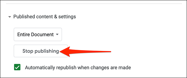 Seleccione "Dejar de publicar" en la ventana emergente "Publicar en la web" en Hojas de cálculo de Google.