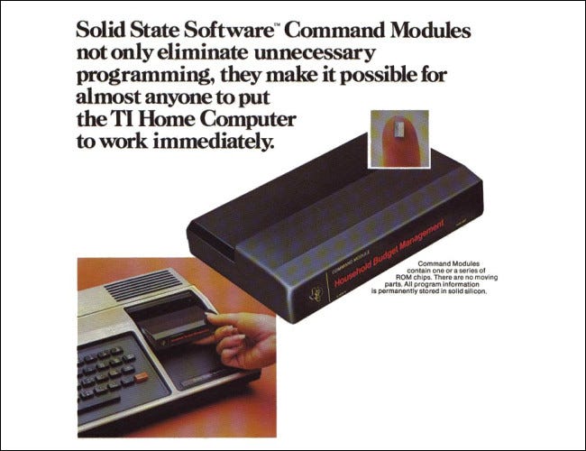 Información sobre módulos de comando de un folleto de la TI-99/4 de 1979.