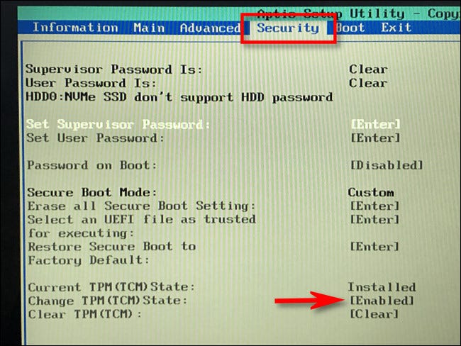 En el menú "Seguridad" de su UEFI, busque "TPM" y "Activado".