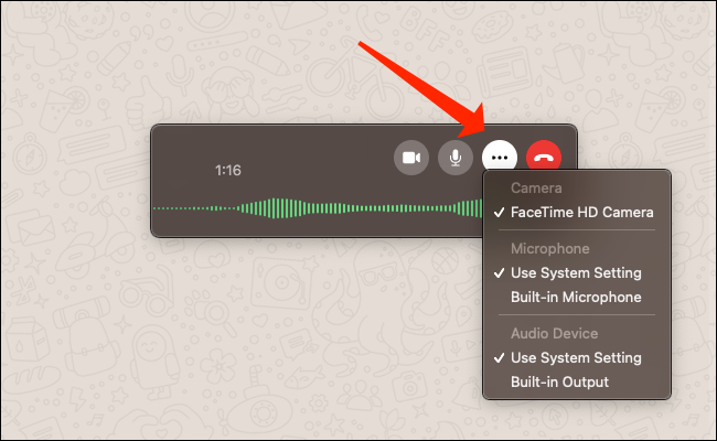 Configuración de cámara, micrófono y salida de audio en WhatsApp para Mac.