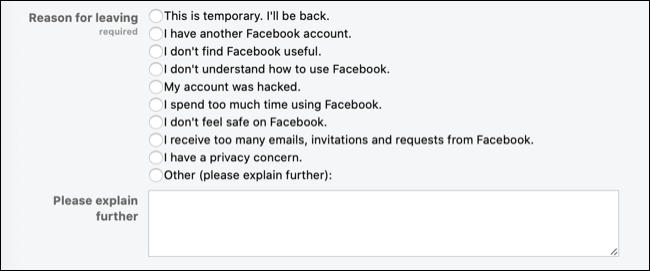 Cuestionario de desactivación de Facebook