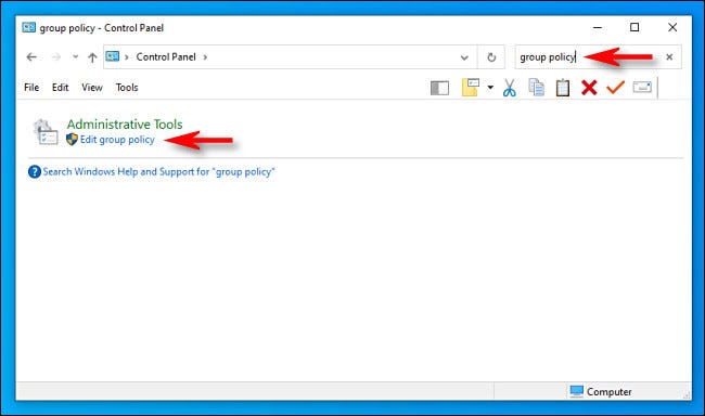 En el Panel de control, busque "política de grupo" y luego haga clic en "Editar política de grupo".
