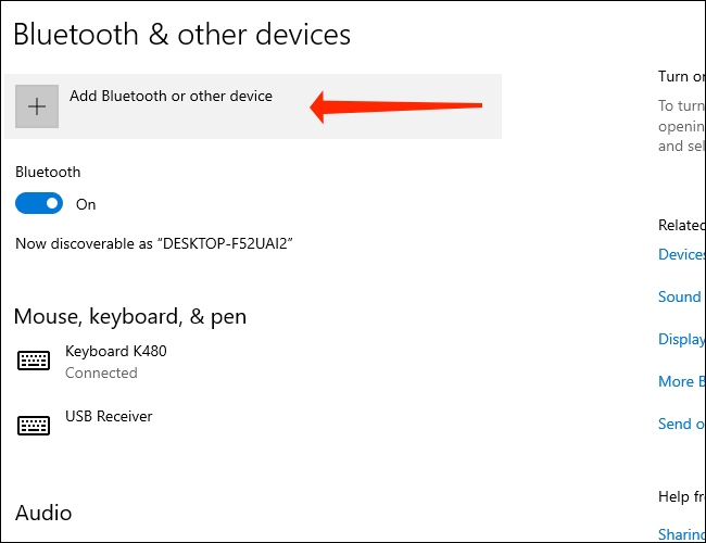 Haga clic en Agregar Bluetooth y otros dispositivos para emparejar un dispositivo Bluetooth con su PC con Windows 10
