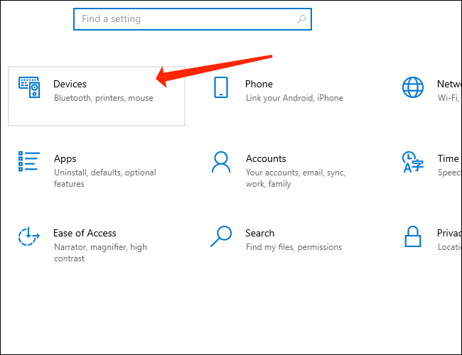 Haga clic en Dispositivos en la configuración de Windows 10 para acceder a la configuración de emparejamiento de Bluetooth