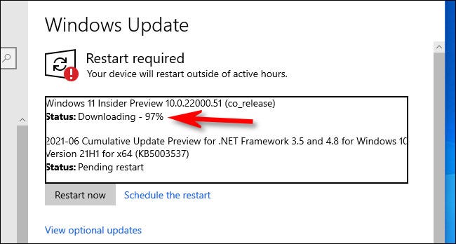 Verá el progreso de descarga de Windows 11 Preview en Windows Update.