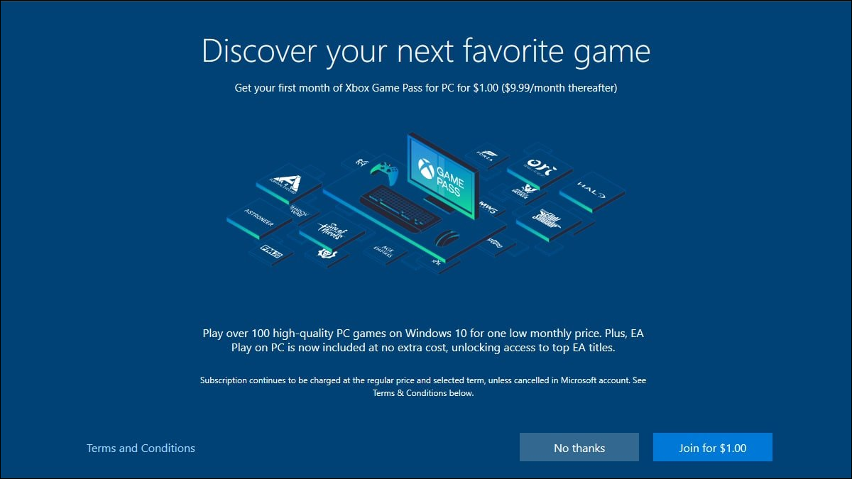Anuncio de Xbox Game Pass de Microsoft durante el proceso de instalación de Windows 10.