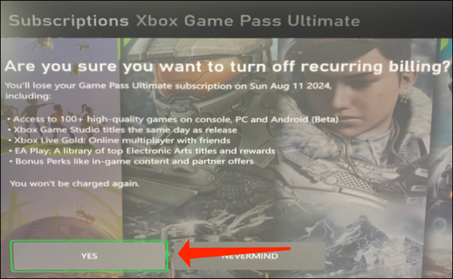 Selecciona "Sí" para desactivar la facturación recurrente de Xbox Game Pass.