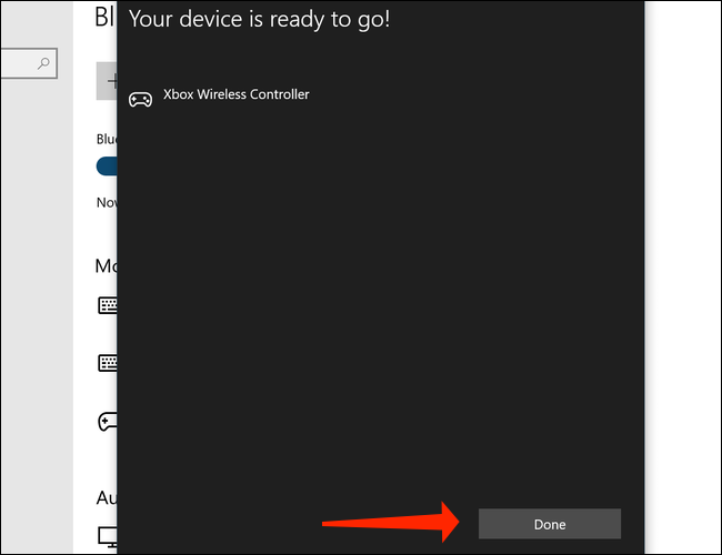 Haga clic en Listo para terminar de emparejar el controlador inalámbrico Xbox con su PC en Windows 10