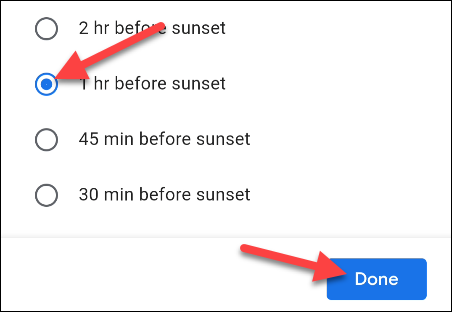 elige una hora según el amanecer o el atardecer y toca "Listo"