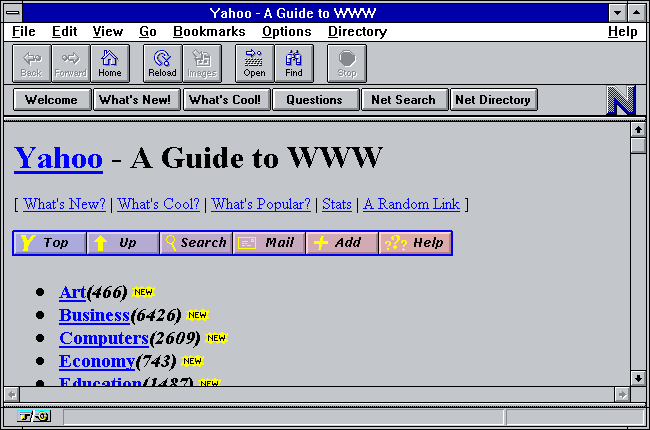 Netscape Navigator que muestra una página web de Yahoo de aproximadamente 1994.
