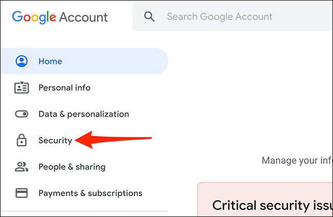 Seleccione "Seguridad" en el sitio de Mi cuenta de Google.