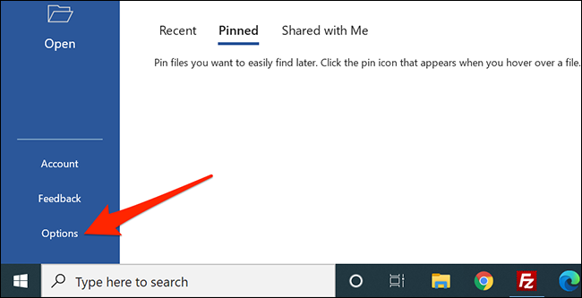 Seleccione "Opciones" en Word.