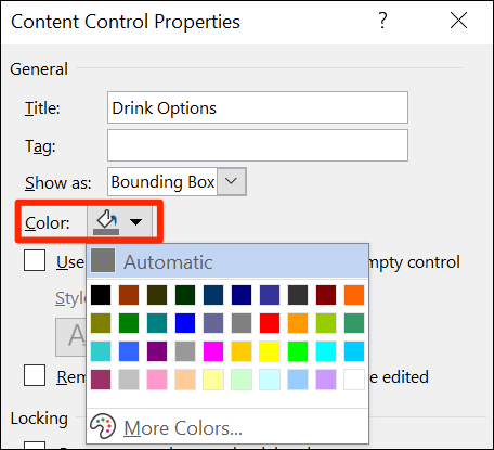 Seleccione un color de lista desplegable en la ventana "Propiedades de control de contenido" de Word.