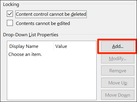 Haga clic en "Agregar" para agregar un elemento de la lista desplegable en la ventana "Propiedades de control de contenido" de Word.