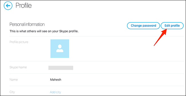 Seleccione "Editar perfil" en la página "Perfil" del sitio de Skype.
