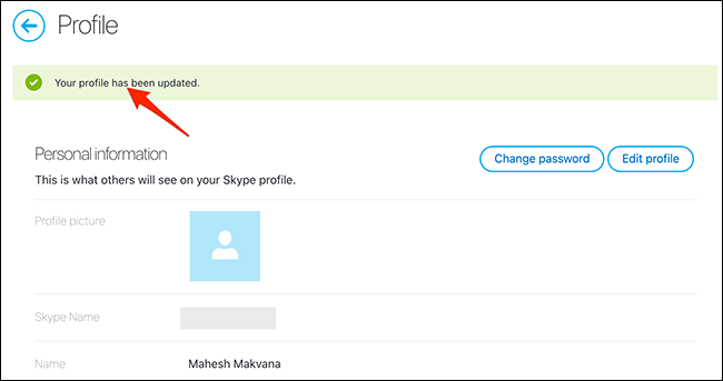 Un mensaje de éxito en el sitio de Skype.