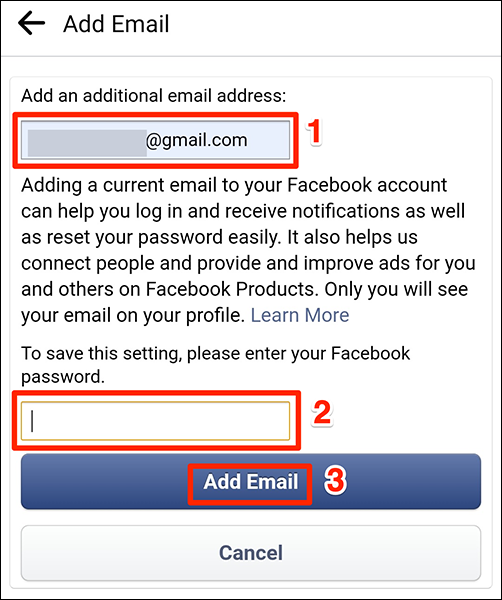 Ingresa un correo electrónico y una contraseña en la pantalla "Agregar correo electrónico" en Facebook.