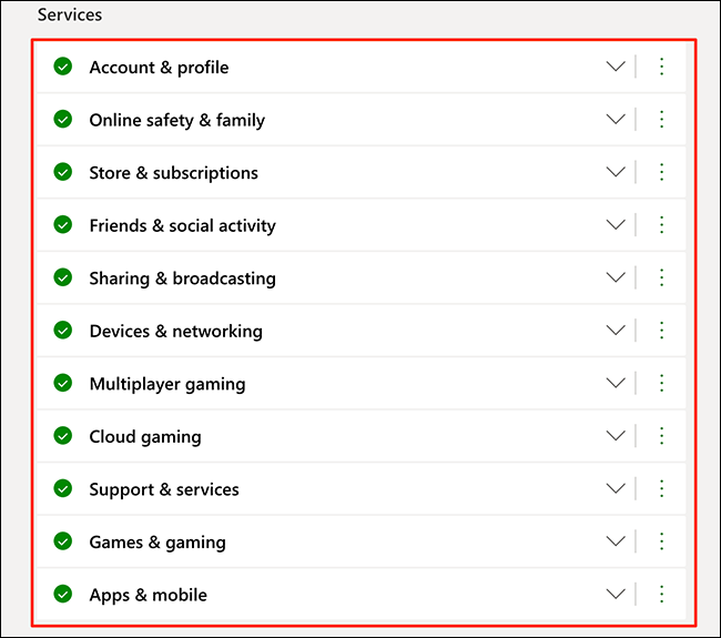 La sección "Servicios" en el sitio web de Xbox Status.