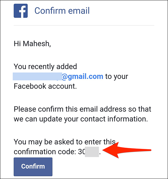 Copie el código único del correo electrónico de confirmación de Facebook.