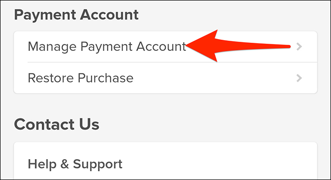 Toca "Administrar cuenta de pago" en el menú "Configuración" de la aplicación Tinder.