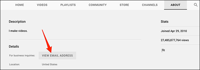 Seleccione "Ver dirección de correo electrónico" en la página de un canal de YouTube.