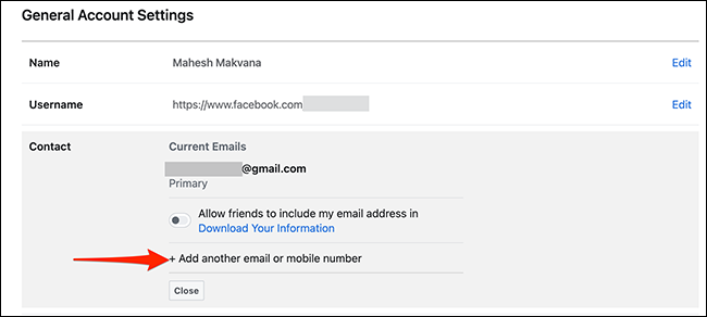 Elija "Agregar otro correo electrónico o número de teléfono móvil" en la sección "Contacto" en Facebook.