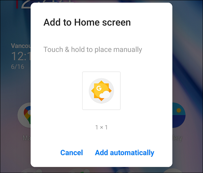 La ventana emergente "Agregar a la pantalla de inicio" de la aplicación del clima en Android.