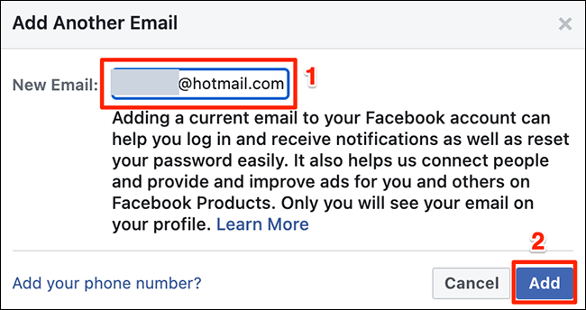 Escribe una dirección de correo electrónico en la ventana "Agregar otro correo electrónico" en Facebook.