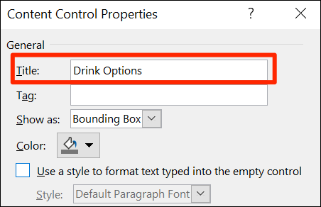 Seleccione "Título" en la ventana "Propiedades de control de contenido" de Word.