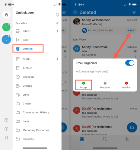Toque para aceptar un rechazo en Outlook Mobile 