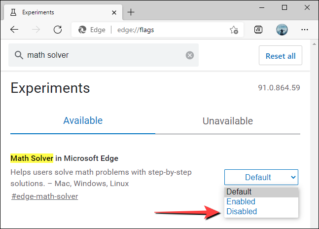 Abra el menú desplegable junto a la bandera "Math Solver en Microsoft" y elija "Deshabilitado".