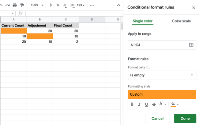 Formato condicional de Google Sheets para celdas en blanco