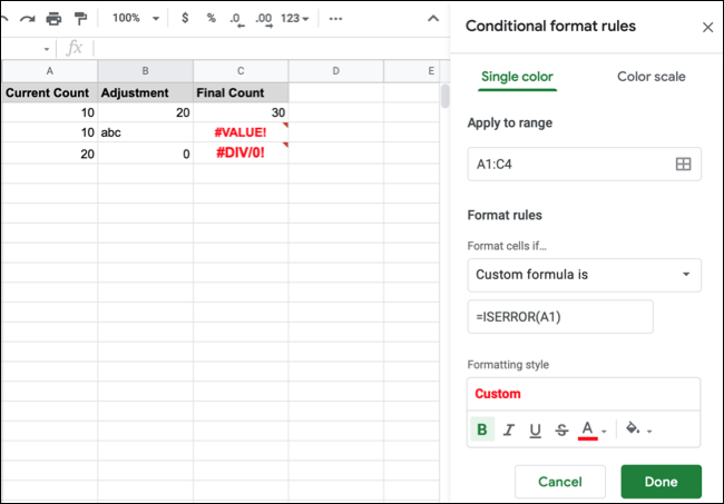 Formato condicional de Google Sheets para errores