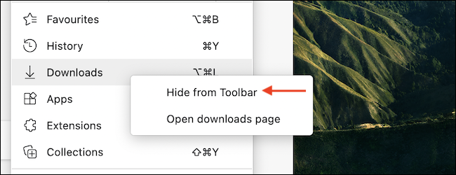 Haga clic con el botón derecho en la opción Descargas y haga clic en "Ocultar de la barra de herramientas". 