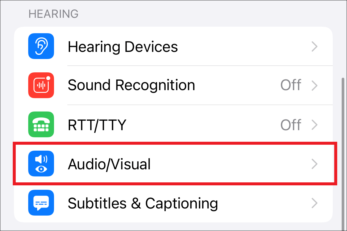 En la sección Audición, toque Audio / Visual.