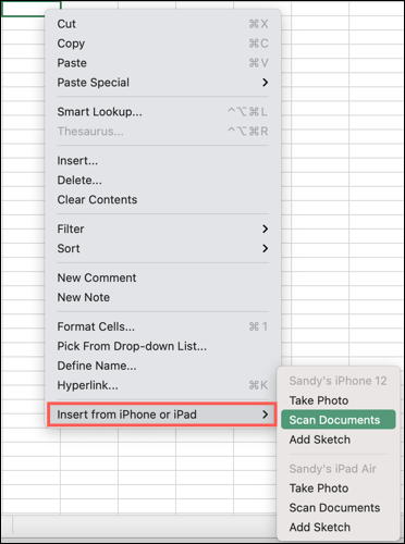 Haga clic con el botón derecho y seleccione Insertar desde iPhone o iPad