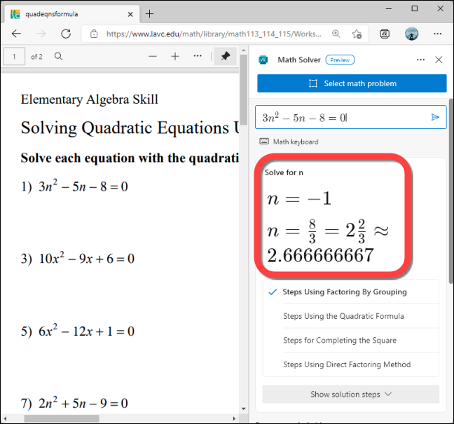 Math Solver muestra la solución del problema.