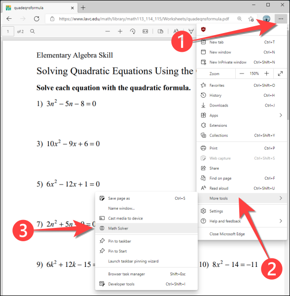 Primero, abra "Math Solver" desde "Más herramientas" después de hacer clic en el menú de puntos suspensivos (tres puntos) en la esquina superior derecha de Microsoft Edge.