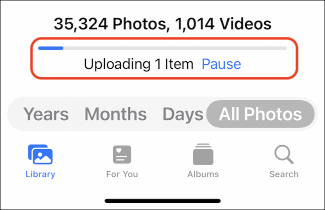La barra de progreso de carga en la aplicación Fotos. 