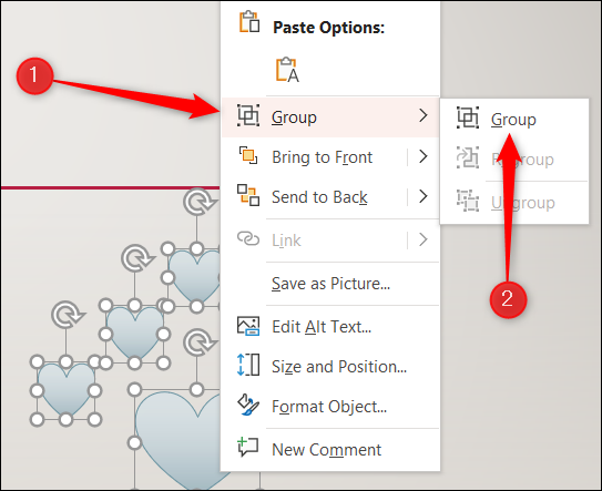 Haga clic con el botón derecho en el objeto, coloque el cursor sobre "Grupo" en el menú contextual y luego seleccione "Grupo" en el submenú.