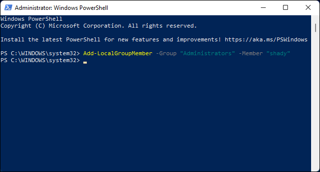 Ejecute el comando en Windows PowerShell para cambiar de usuario a administrador.
