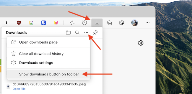 En el menú desplegable Descargas, haz clic en el botón de menú de tres puntos y elige la opción "Mostrar el botón de descargas en la barra de herramientas".