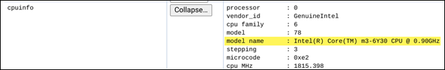 El nombre y la velocidad de la CPU de tu Chromebook aparecerán junto a "Nombre del modelo".