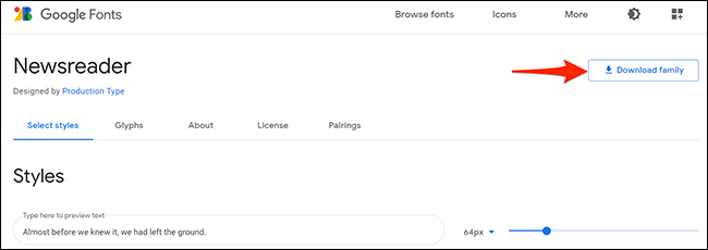 Haga clic en "Descargar familia" en el sitio de Google Fonts.
