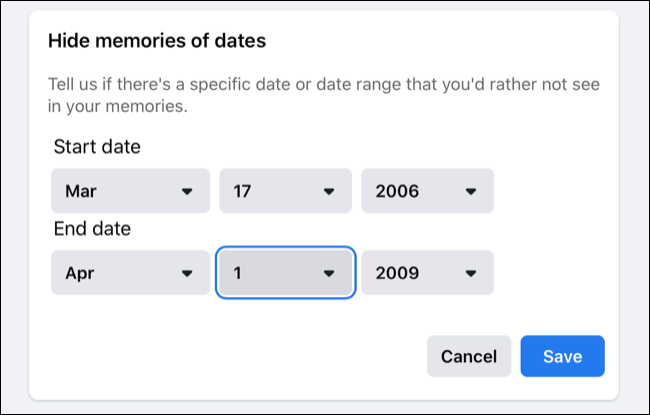 Ocultar rangos de fechas en los recuerdos de Facebook