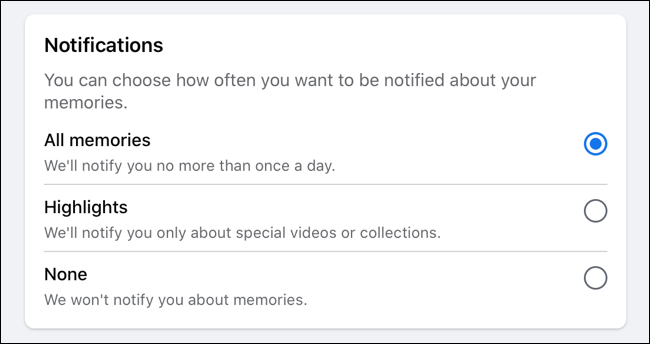 Alternar notificaciones de recuerdos de Facebook