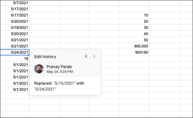 El historial de edición de una celda en Google Sheets