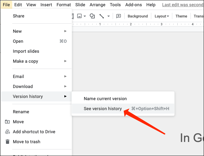 Para comprobar las versiones antiguas de su presentación de Presentaciones de Google, seleccione "Ver historial de versiones".