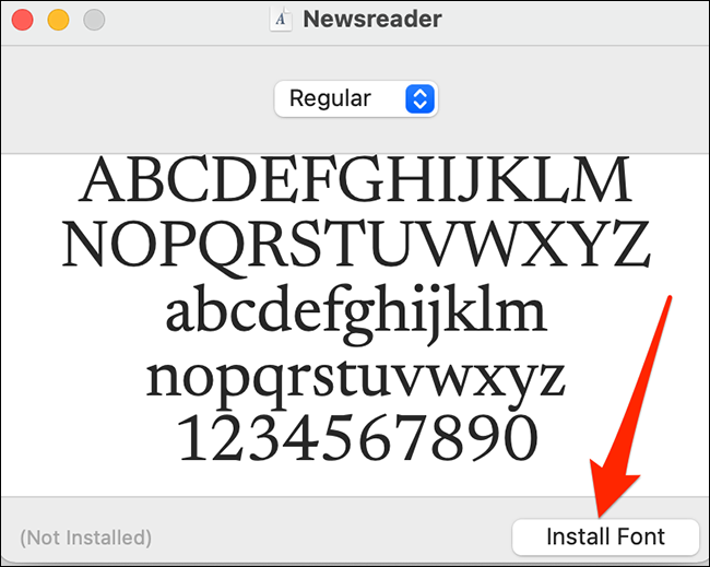 Haga clic en "Instalar fuente" en la pantalla de vista previa de la fuente en Mac.